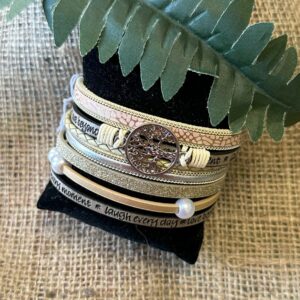 Bracelet - Leather Wrap  Cream & Tan Feather or Tree of Life